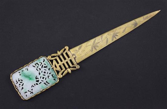 A Chinese jadeite mounted gilt bronze paper knife, 21.2cm.